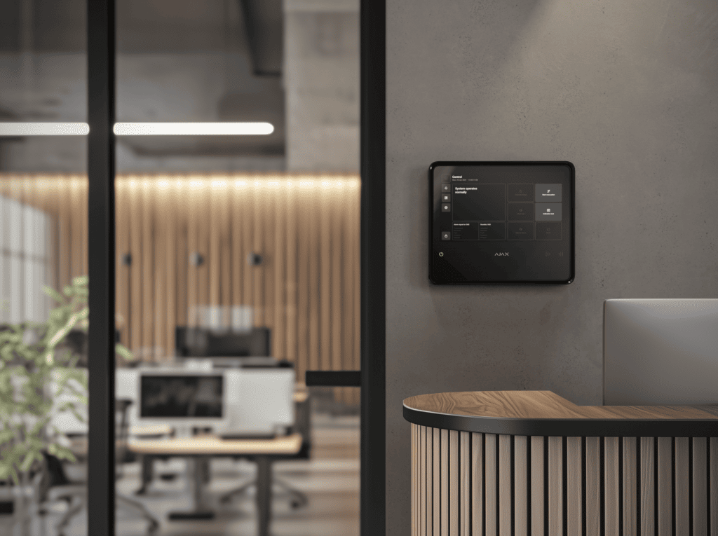 Sicherheitsbild mit moderner Alarmzentrale im Inneren eines Büros.